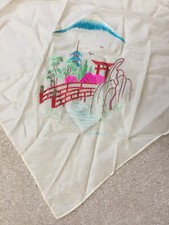 Vintage Beige Silk Scarf Embroidered Pagoda Scene 26" x 25 1/2" FREE SHIP