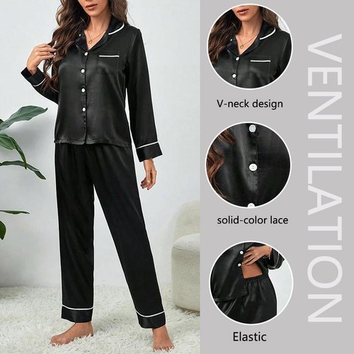 Übergröße Eis Seide Pyjama Damen Langarm Einfarbig Locker 5xl Home Wear L - Bild 2 von 18
