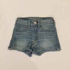 American Eagle Super Super Stretch Hi-Rise Denim Shorts Sz 00 Frayed Hem EUC