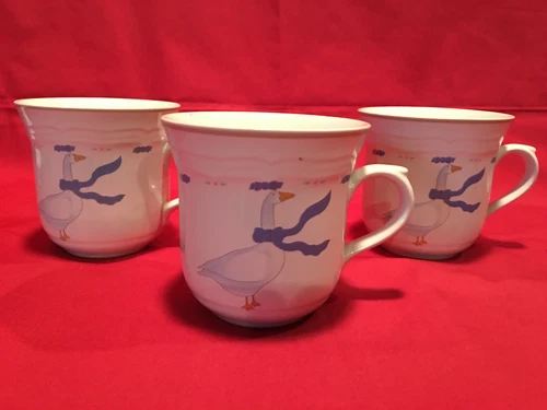 Newcor Stoneware 1987 Countryside Set Of 3 Coffee/Tea Cups Blue Goose Vintage