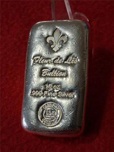 No Date " Fleur De Lis " Bullion 10oz 0.999 FINE SILVER BAR             #MF-1456