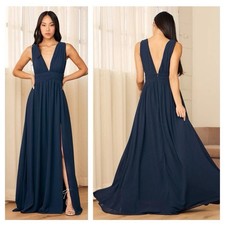 Lulus Heavenly Hues Navy Blue Chiffon Plunge V-Neck Formal Dress 