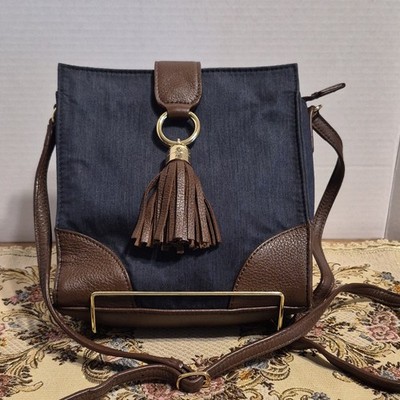 Talbots Indigo/Brown Crossbody Bag Zip Top Tassel Gold Hardware Adjustable Strap