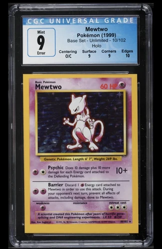 CGC 9 - 1999 Base Set Mewtwo -  ERROR Square Cut HOLO Base Set W/Subgrades!