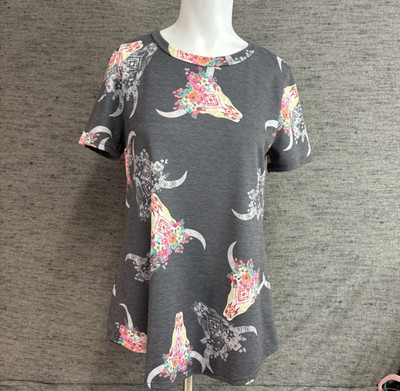 12pm by Mon Ami T-shirt Small Grey Cow Skull Southwestern Country Cowgirl Floral