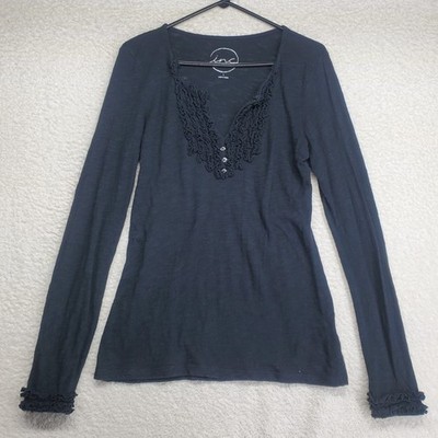 Women's Ruffle Top Large Black Henley Stretch Knit Baby Tee Y2K Elena Gilbert