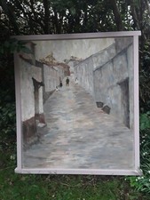 Vintage Unsigned Oil Painting Street Scene Impressionistic Style Rustic Frame