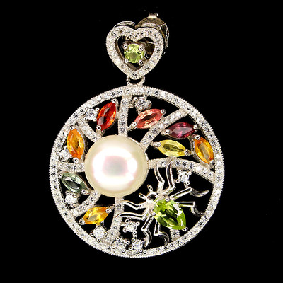 CHARMING CREAMY W.PEARL,FANCY SAPPHIRE,W CZ STERLING 925 SILVER CHARM ...