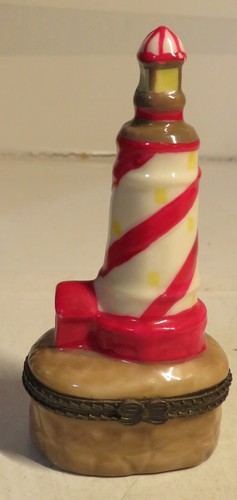 Vintage Unbranded Lighthouse Light House Trinket Box Ceramic 3.5" Red White GUC