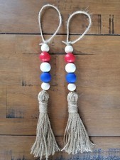 Set of 2 Handmade Wood Bead Hanging Decor with Tassels Red, White  Blue Garland