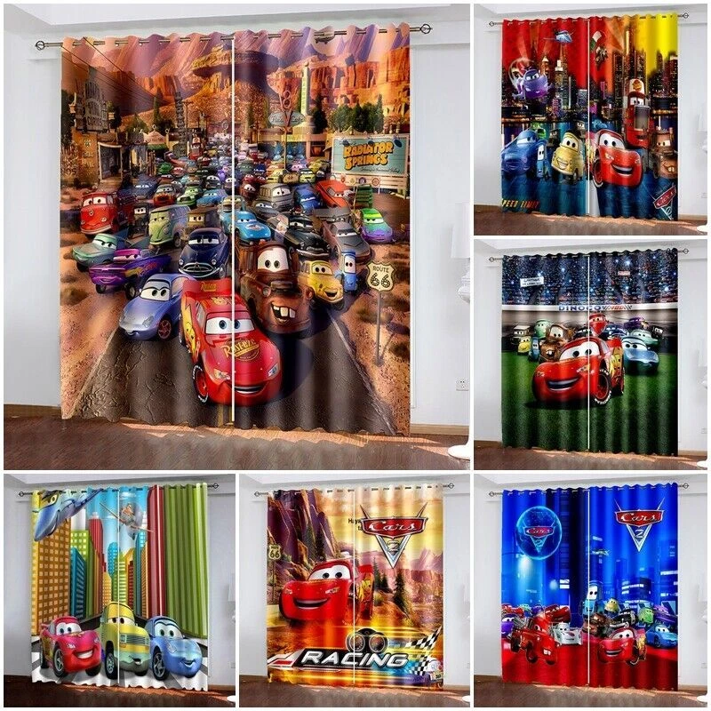 Cars Lightning McQueen Print Thick Thermal Blackout Curtains Eyelet Ring Top UK