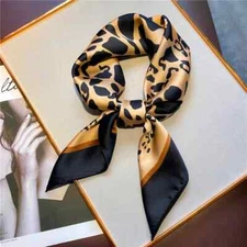 Small Leopard Print Satin Scarf for Women Square Head Wrap Hairband Tie Shawl