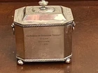 RARE ANTIQUE SCOTTISH DEERHOUND DOG SILVER EPNS TEA CADDY 1920 PATRICK ENTERKINE