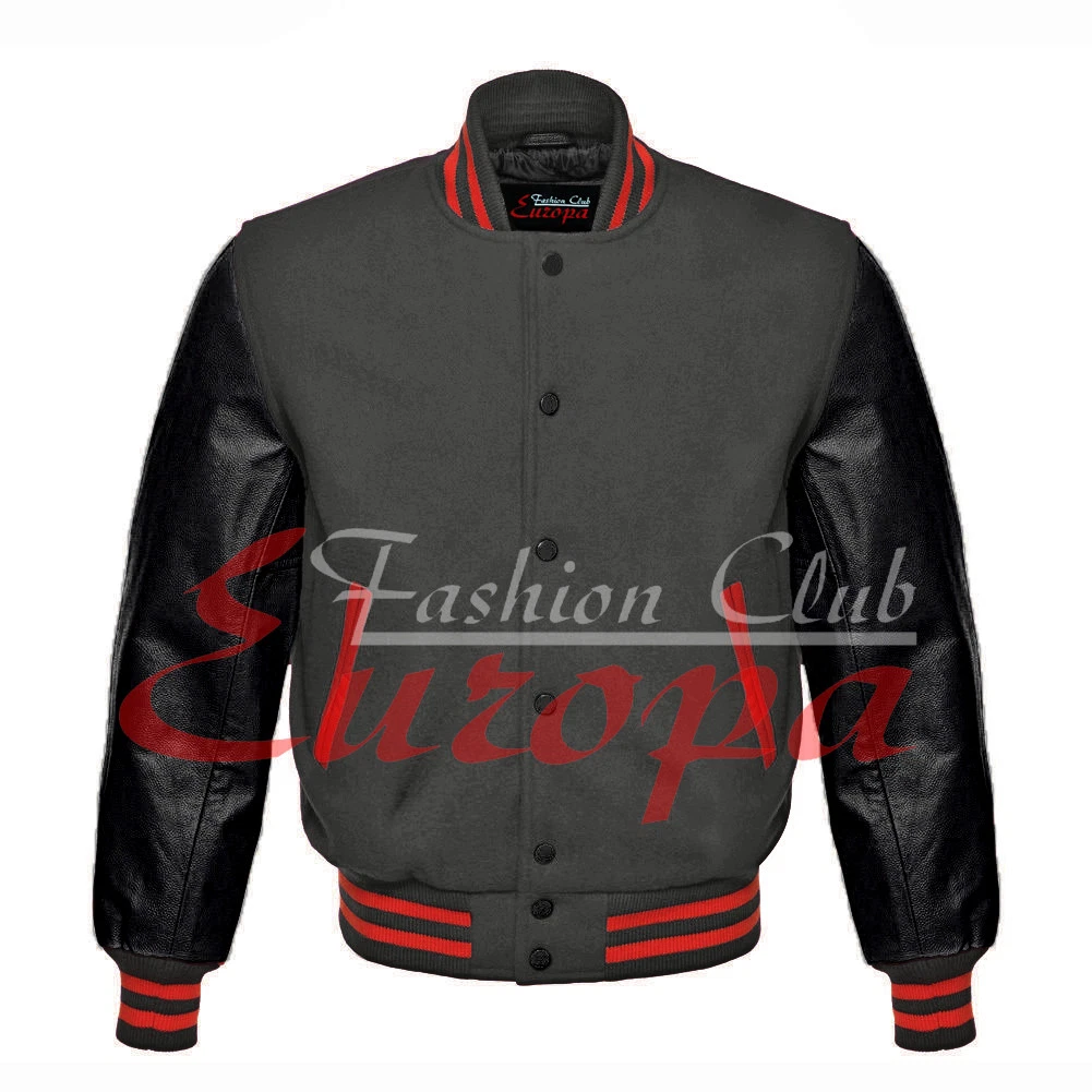 Top Quality Varsity Letterman College Jacket Grey Wool with Real Leather Sleeves