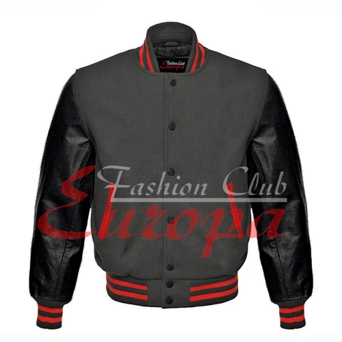 NEW Fashion Varsity Letterman College Jacket Grey Wool with Real Leather Sleeves - product listing photo