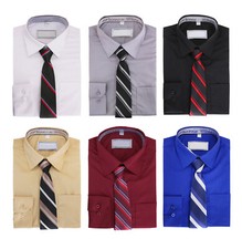 Boys Kids Solid Long Sleeve Button Up Cotton Blend Dress Shirt With Tie Set