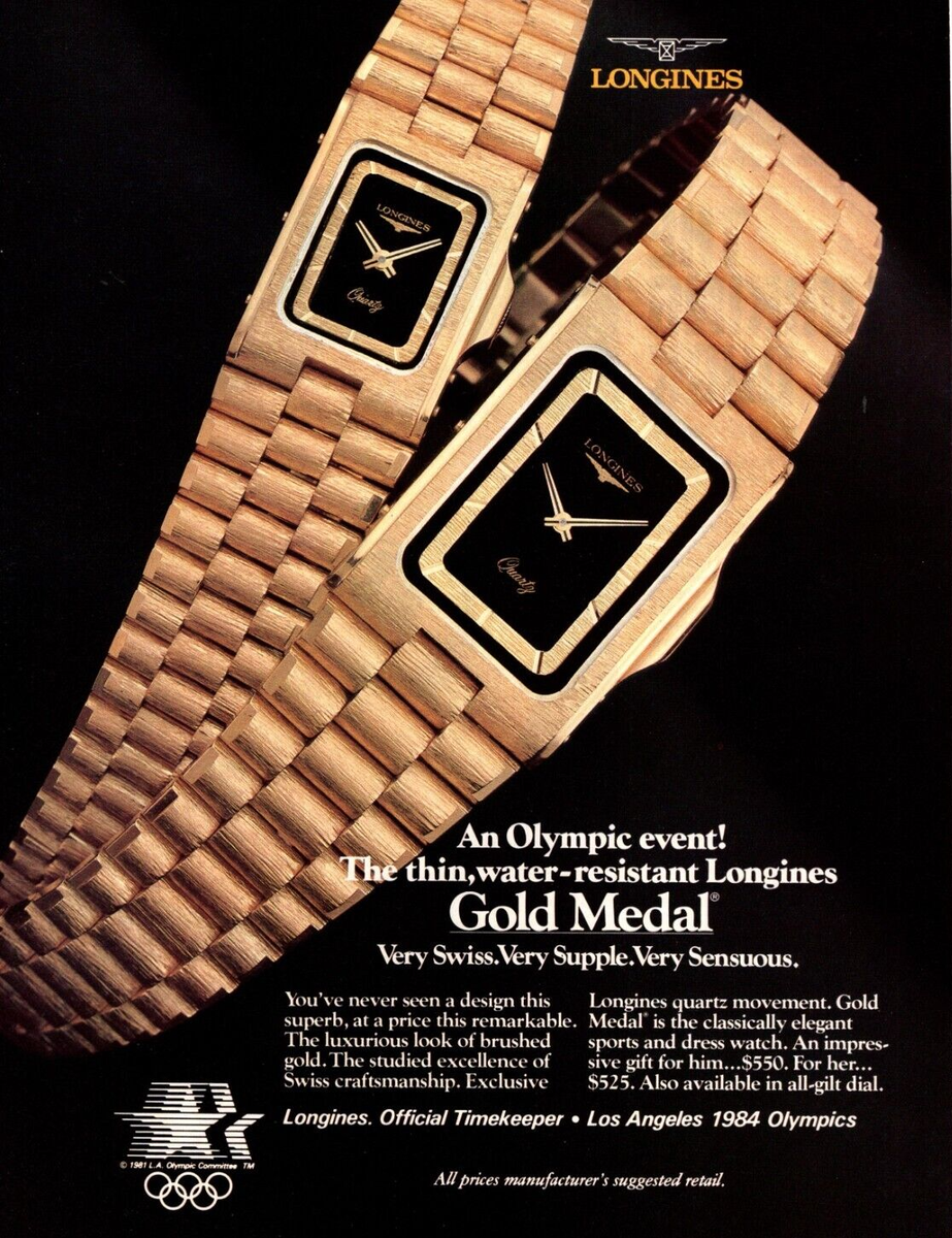 1984 LONGINES GOLD MEDAL WATCH PRINT AD, OLYMPIC TIMEKEEPER
