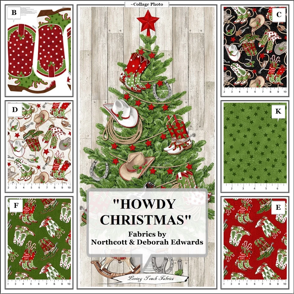 NORTHCOTT, "HOWDY CHRISTMAS", DEBORAH EDWARDS, WESTERN, BOOTS, HAT, TREE FABRICS
