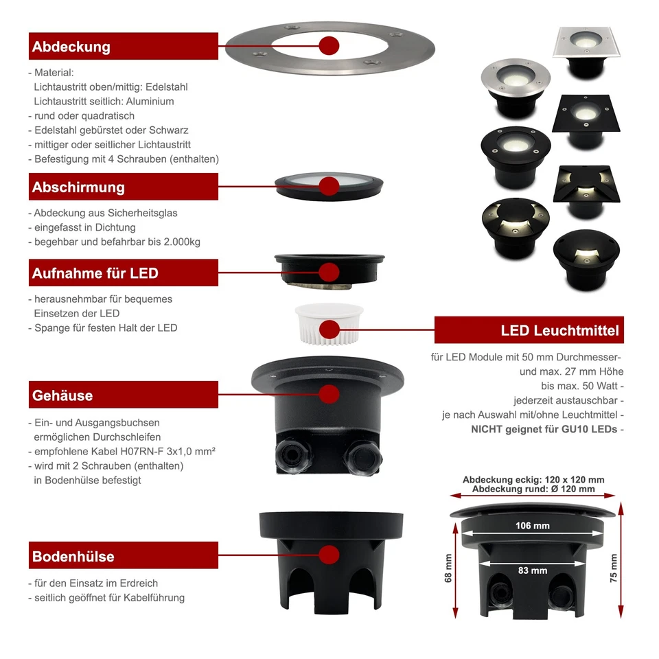 LED Bodenleuchten kurz IP67 230V Bodeneinbaustrahler  Bodenstrahler außen TIERRA - Bild 2 von 4