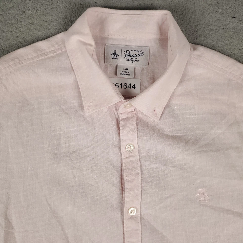 Penguin Shirt Mens Size Large Pink Casual Button Up Short Sleeve - Image 2 of 4