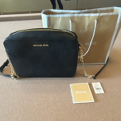 Michael Kors Jet Set Large Black Zip Crossbody Bag Gold Hardware Adjustable