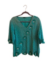 Vintage Green Sequin  Beaded Top With Floral Design  Scalloped Hem
