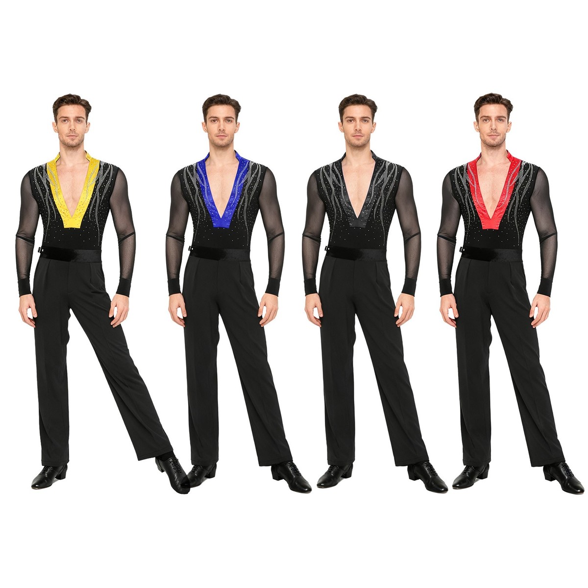 Mens Set Tango Outfits Dancing Dancewear Color Block Sheer Costume