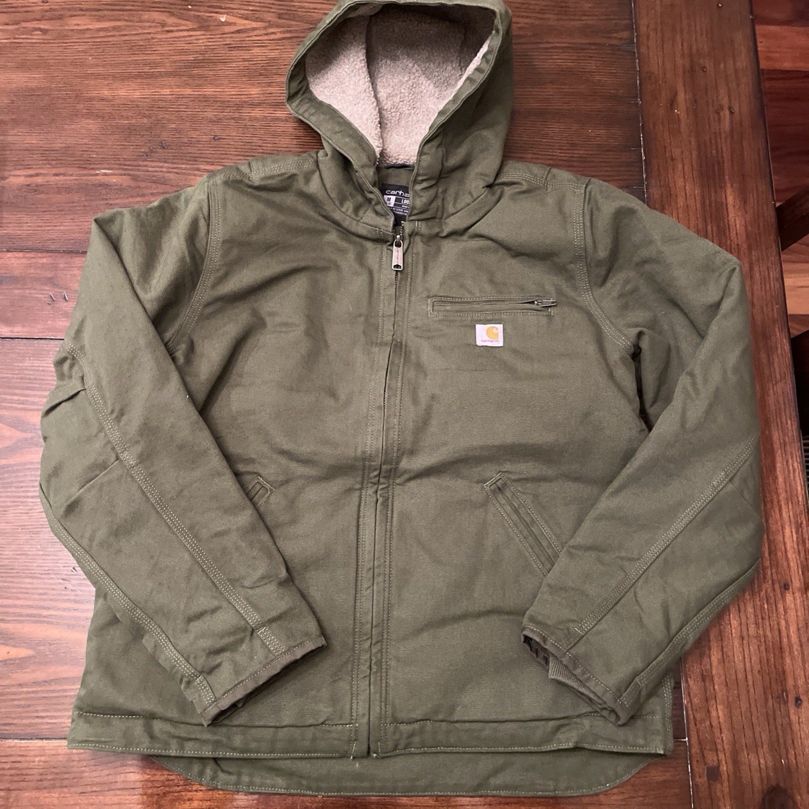Women's Carhartt Sherpa Lined Duck Canvas Jacket SZ XL Green Hooded OJ4392-W
