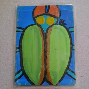 Pinchy Green Beetle bug cartoon laminated art Card ooak aceo atc