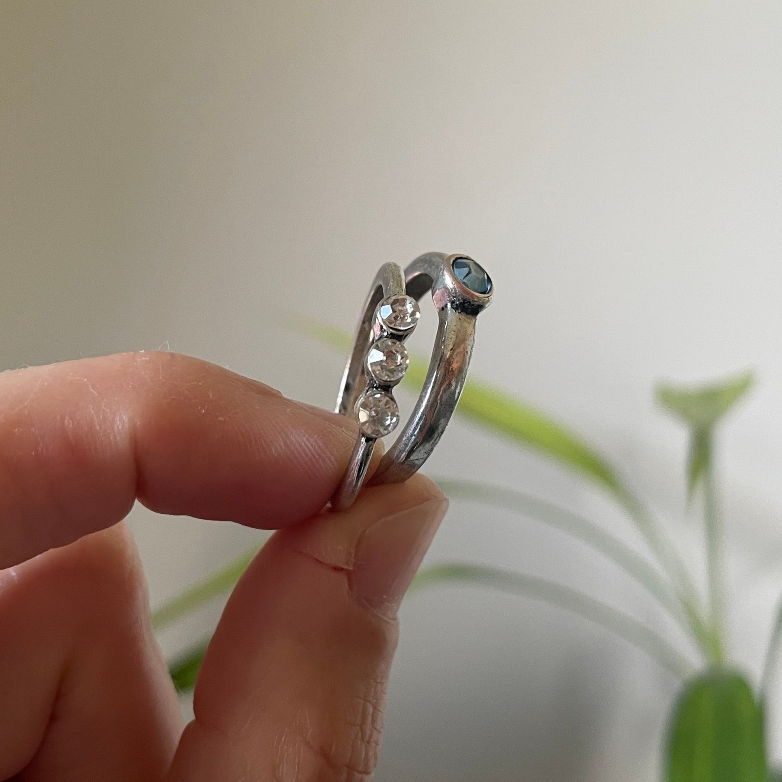 Stackable Silver Tone Rings Blue Stone Clear Crys… - image 2