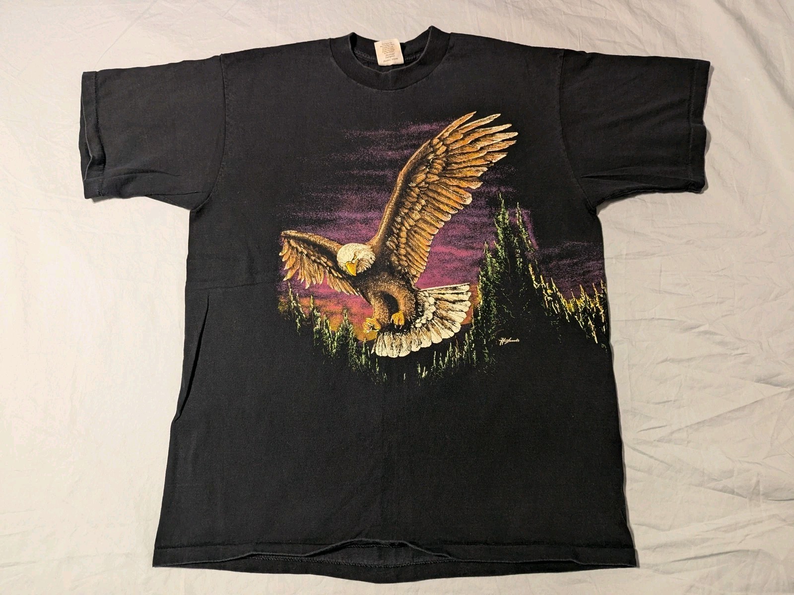 Hazelwood Eagle Scenic T-Shirt Large Black Wrap-Around Print, VTG 90s