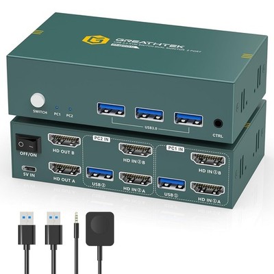Greathtek KVM Switch 2 Monitors 2 Computers HDMI 8K@60Hz, USB3.0 4K@144Hz