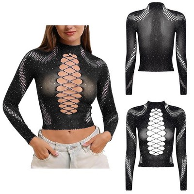 Damen Mesh Fishnet Durchsichtig Langarm T-Shirt Crop Top Rave Outfit Clubwear