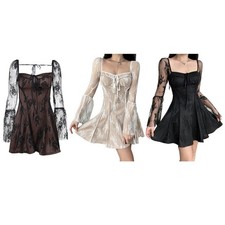 Elegant Women s Flare Long Sleeve Dress Slimming Square Neck Lace Short Dresses