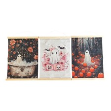 3X Halloween Ghost Wall Hangings 15x11.5 Cool Modern Canvas Art w/ Wood Hangers