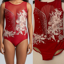 Ilogear Glamorous red custom solo dance costume leotard rhinestone mesh MA adult