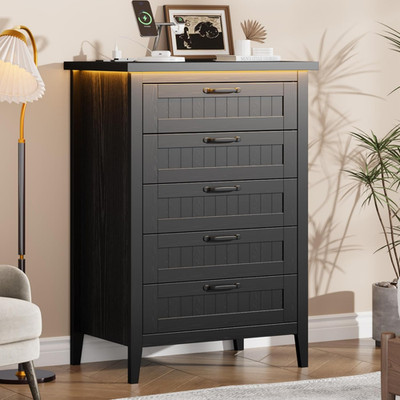 Tall 5 Drawer Dresser for Bedroom, Black Dresser with LED Light and Power Outlet