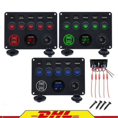 5 Gang 12V 24V Rocker Schaltpanel Schalttafel Schalter Voltmeter LED for RV Boot