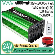 24V to 110V 4000W 8000W Pure Sine Wave Power Inverter 4AC LCD w/Remote Control