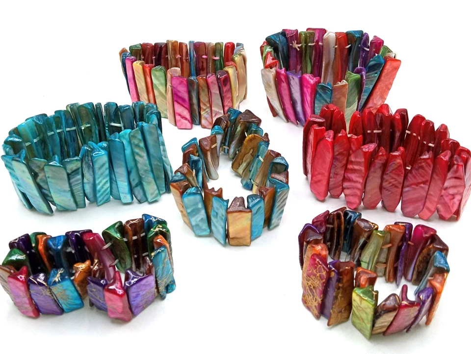 Vintage Multi Color  Mother Of Pearl  Stretch Bracelets Lot of 8 Turquoise Rose - Image 3 of 4