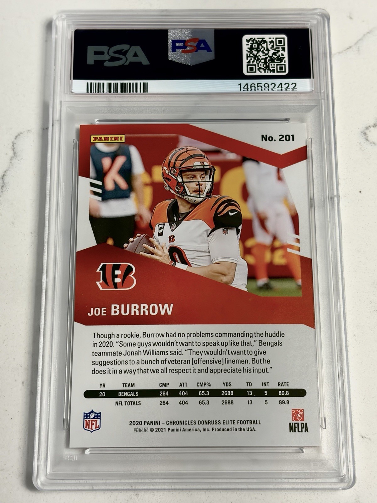 2020 CHRONICLES JOE BURROW - ELITE UPDATE RED SP /399 #201 ROOKIE RC PSA 8 NM/MT view 2