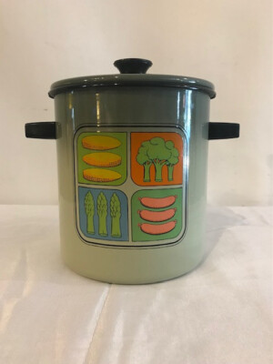 Vtg MCM 1970s San Ignacio Stock Pot Enameled Steel Vegetable Seafood with Steame