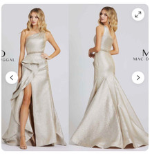MAC DUGGAL 66975 ONE SHOULDER METALLIC RUFFLE OYSTER THIGH SLIT  GOWN  sz 10