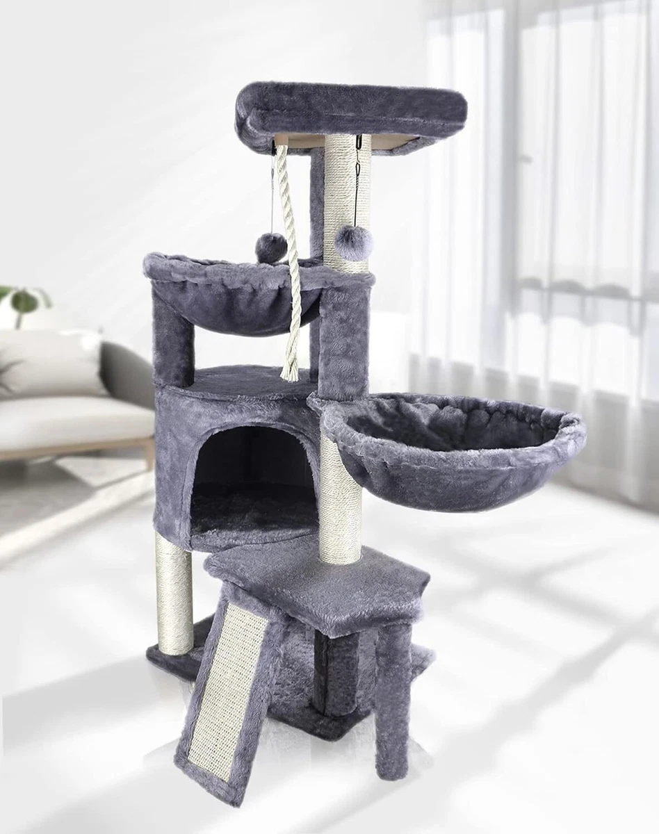 Three Layer Cat Tree with Cat Condo and Two Hammocks Grey 37inch