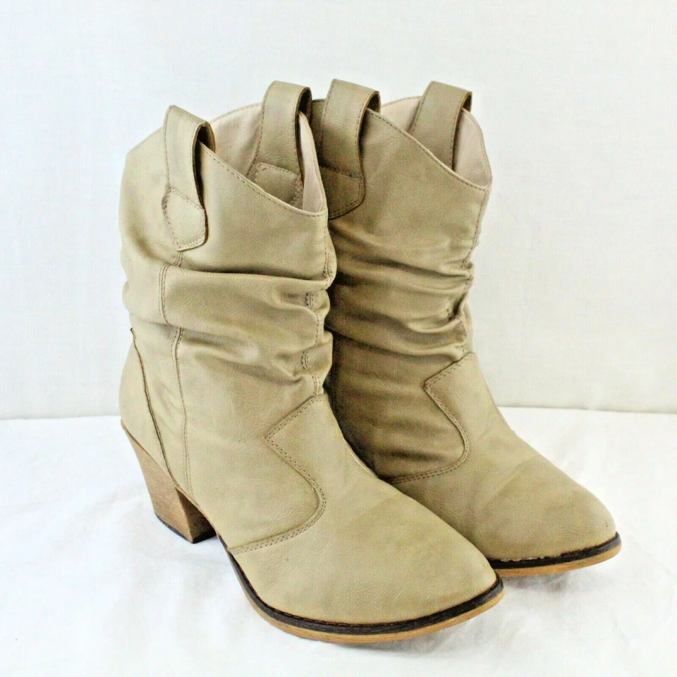 WET-SEAL womens pull on mid heel beige faux leather mid calf boots size 9 Medium - Image 2 of 4