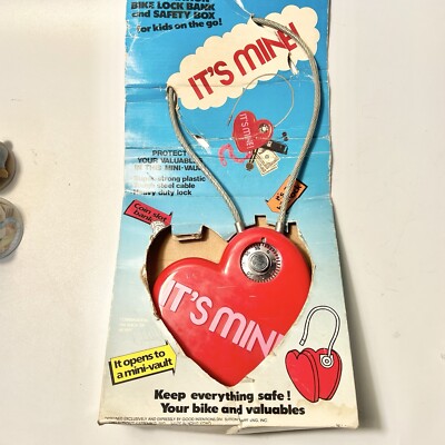 Vintage 1985 It s Mine Heart Combination Bike Lock Coin Bank Red Novelty Package