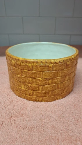 Vintage Ceramic Basket Weave Planter Woven Pattern Handmade Golden Brown 