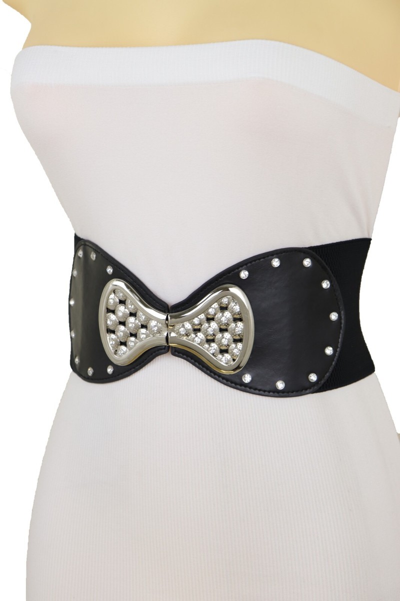 Women Wide Black Elastic Waistband Belt Elegant Fancy Bow Tie Buckle Dressy  S M
