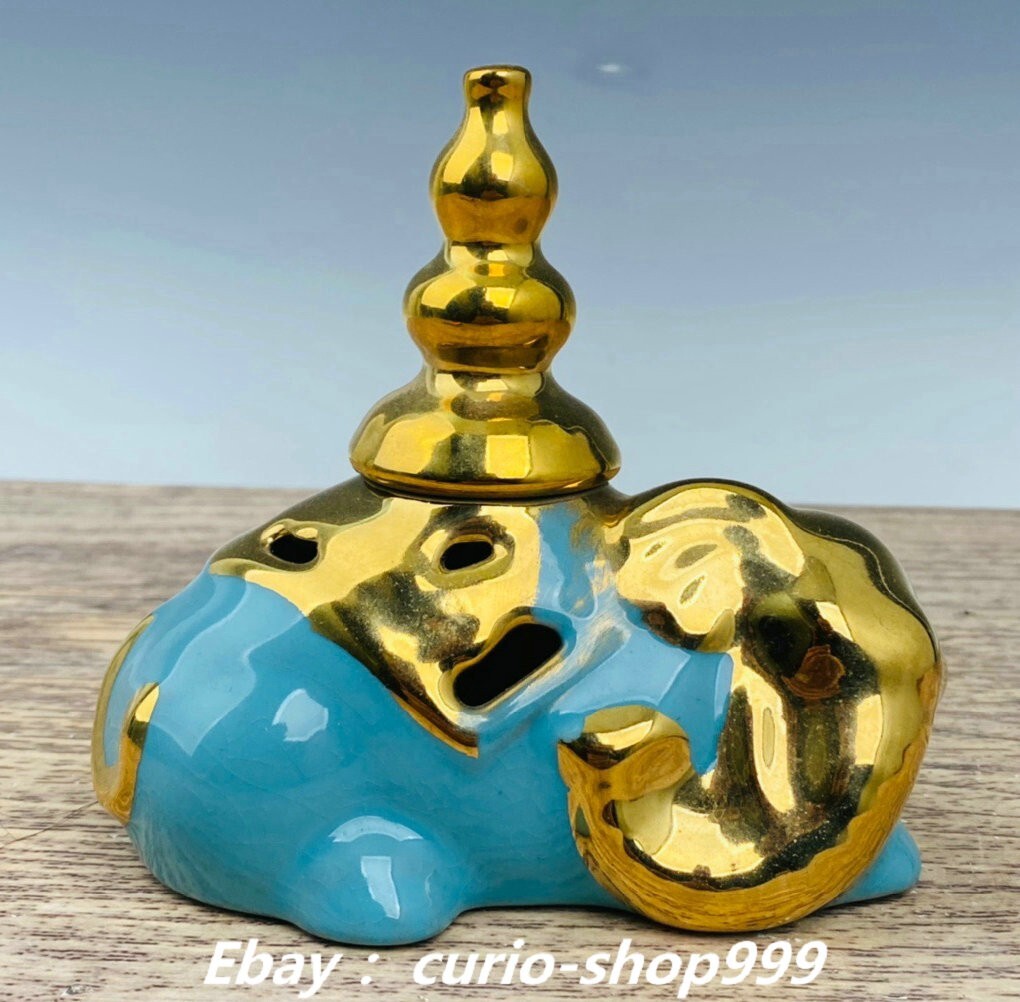 5.7-Inch Song Dynasty Ru Kiln Gilt Elephant Incense Burner Censer