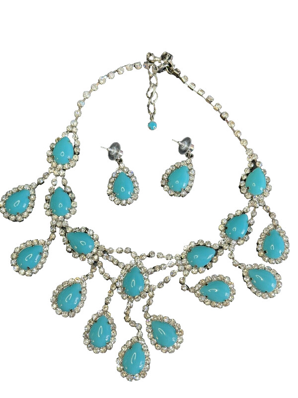 Southwestern Blue Turquoise Jeweled Bib Necklace and Matching Earrings